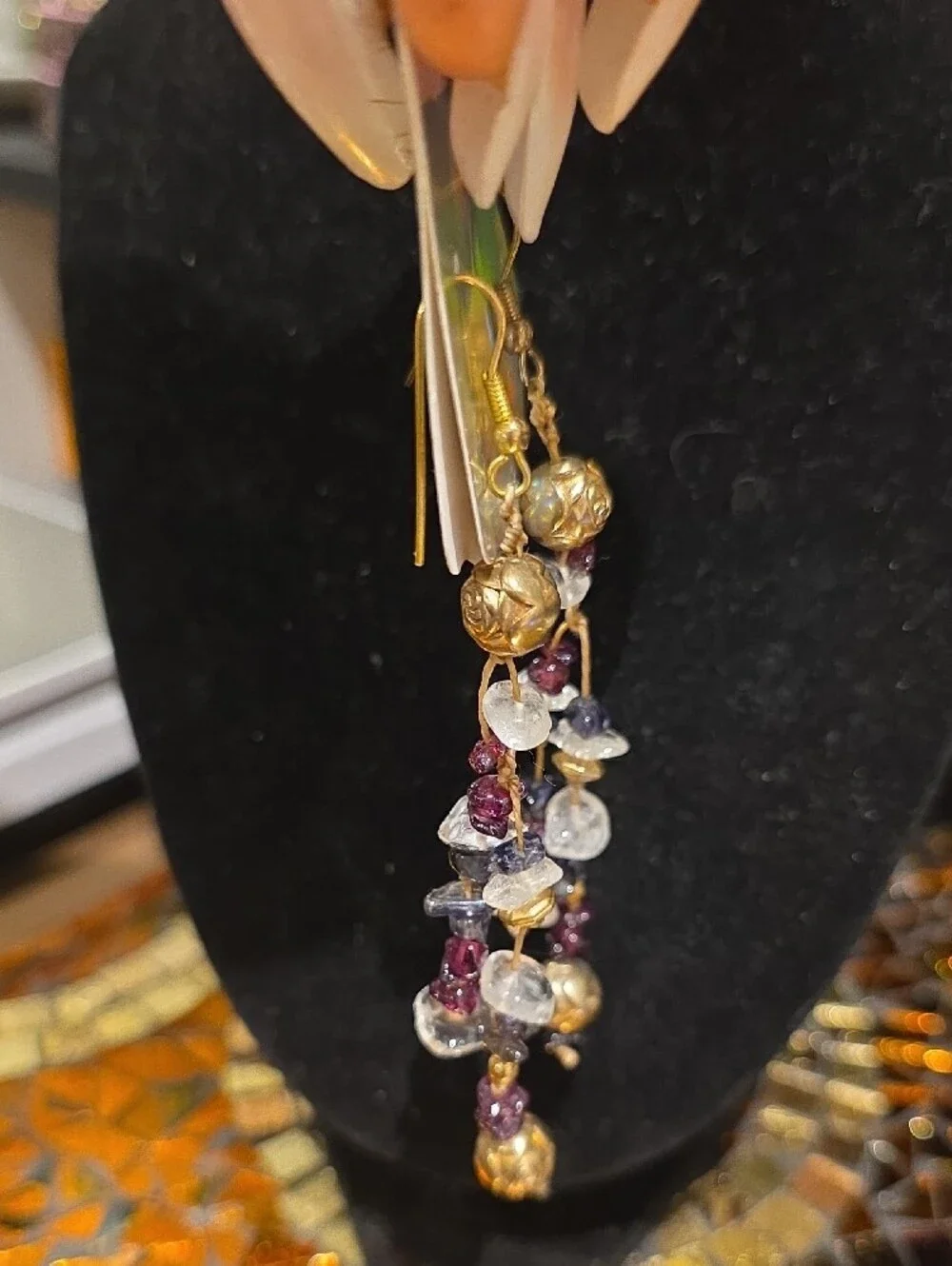 Vintage Gold-Tone Garnet & Clear Crystal Chip Dangle Earrings